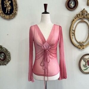 Vintage De Age Pink Ombre Glitter Mesh Bell Sleeve Top